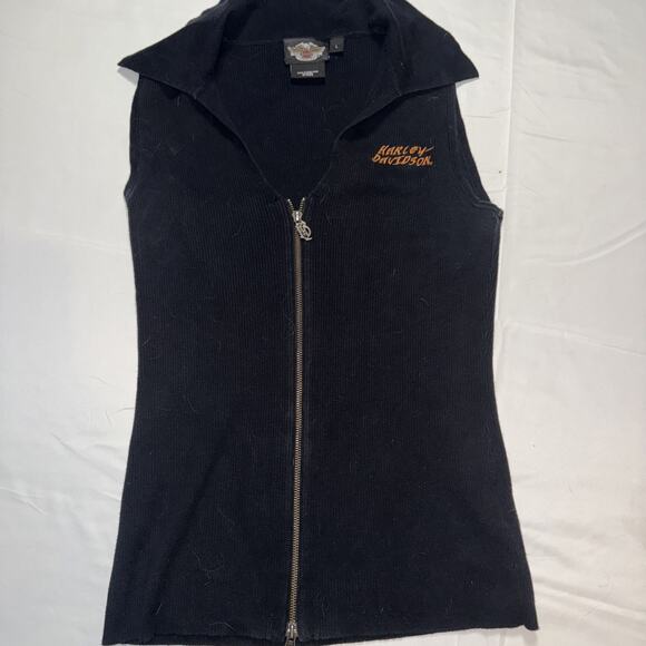 Harley Davidson Vest Womens SZ Large Full Zip Sweater Black, Orange Spell Out - Picture 1 of 6